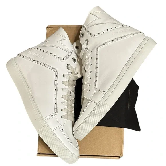 NIB ZADIG & VOLTAIRE High Flash Sneaker Studded High Top White Leather 41 US 10 - Picture 8 of 11